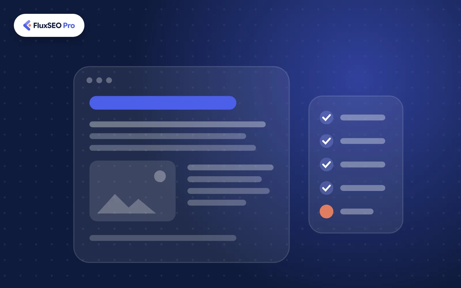 Illustration of a web page with its title, headings and images being optimized, with the FluxSEO Pro logo