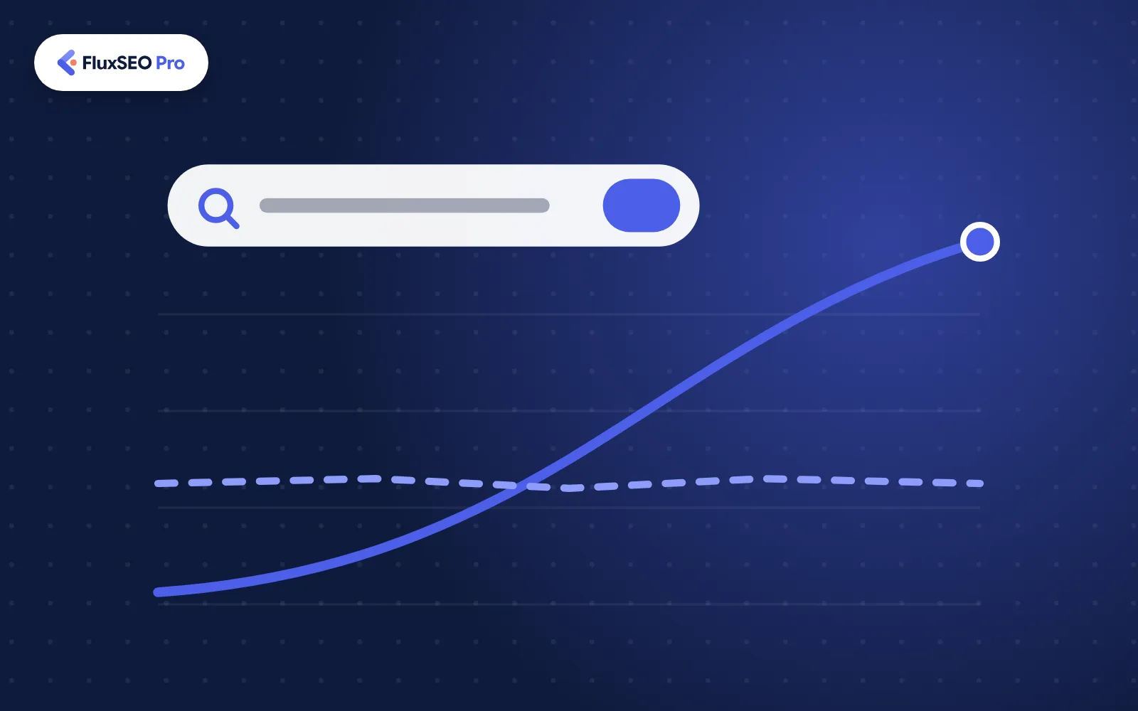 Illustration of a search bar above a rising organic traffic chart, with the FluxSEO Pro logo