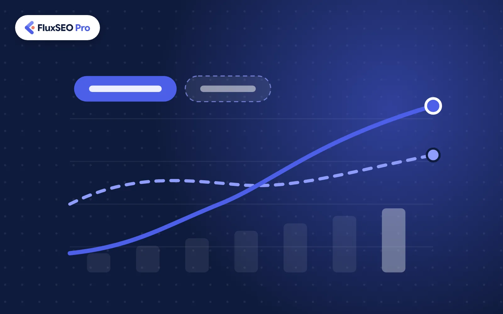 Illustration of paid and organic search performance lines rising on one chart, with the FluxSEO Pro logo