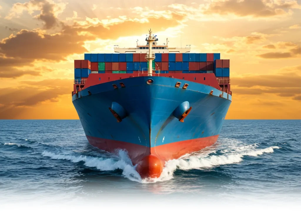 A container ship loaded with cargo containers sailing at sunset