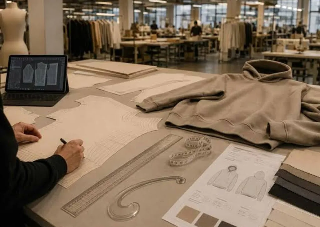 A designer drafting a hoodie pattern beside a finished hoodie, a tech pack and fabric swatches