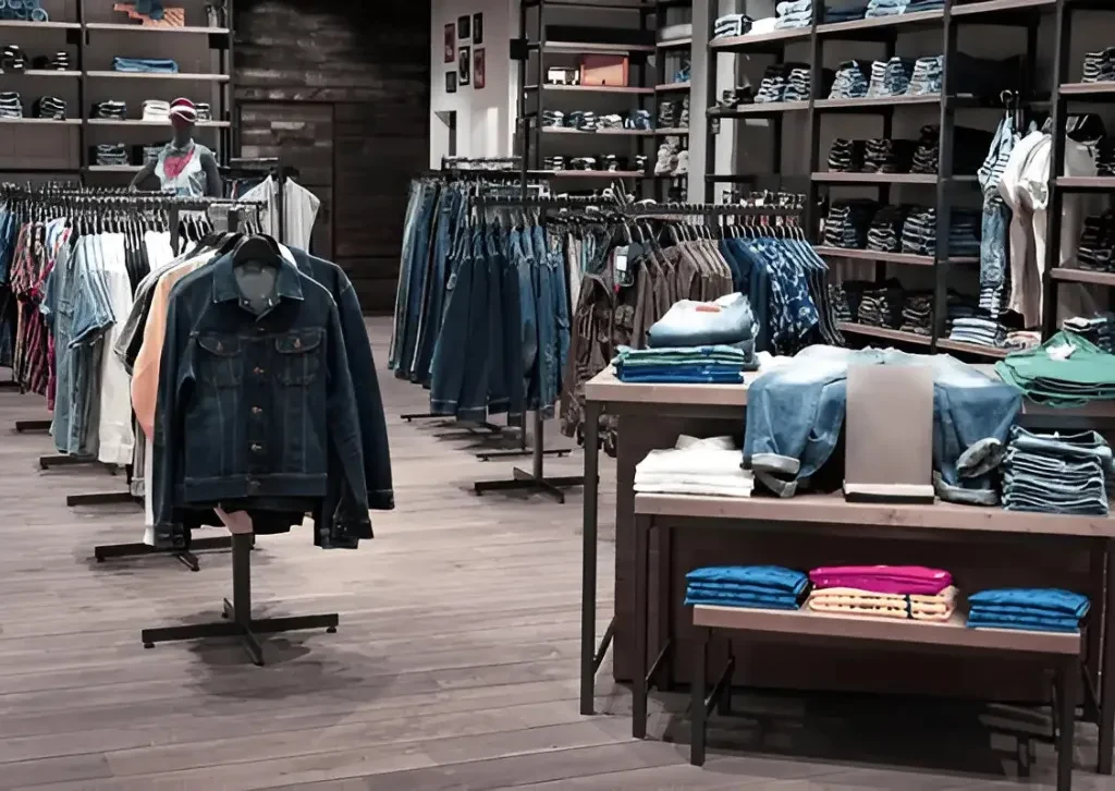 Denim jackets, jeans, and folded shirts on display in a clothing store