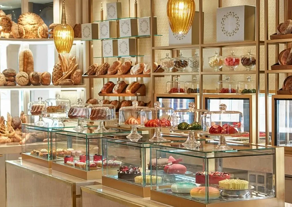 A bakery display of cakes, pastries and fresh bread in glass cases and wooden shelves