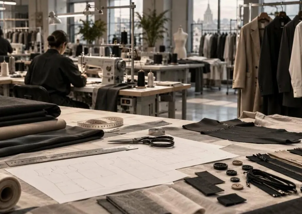 A clothing production studio with sewing machines, fabric rolls and garment patterns on a cutting table
