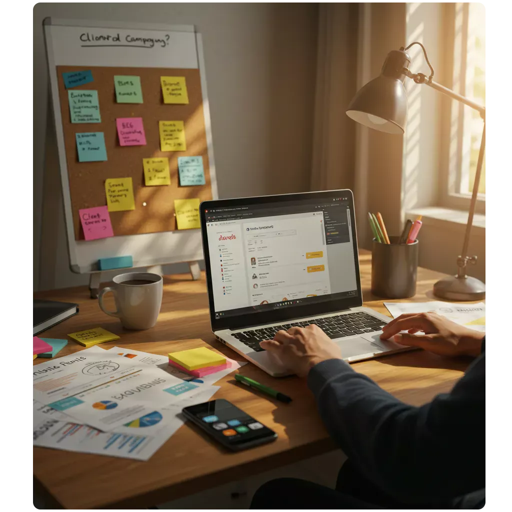 A consultant's desk with a laptop, notes and a planning board