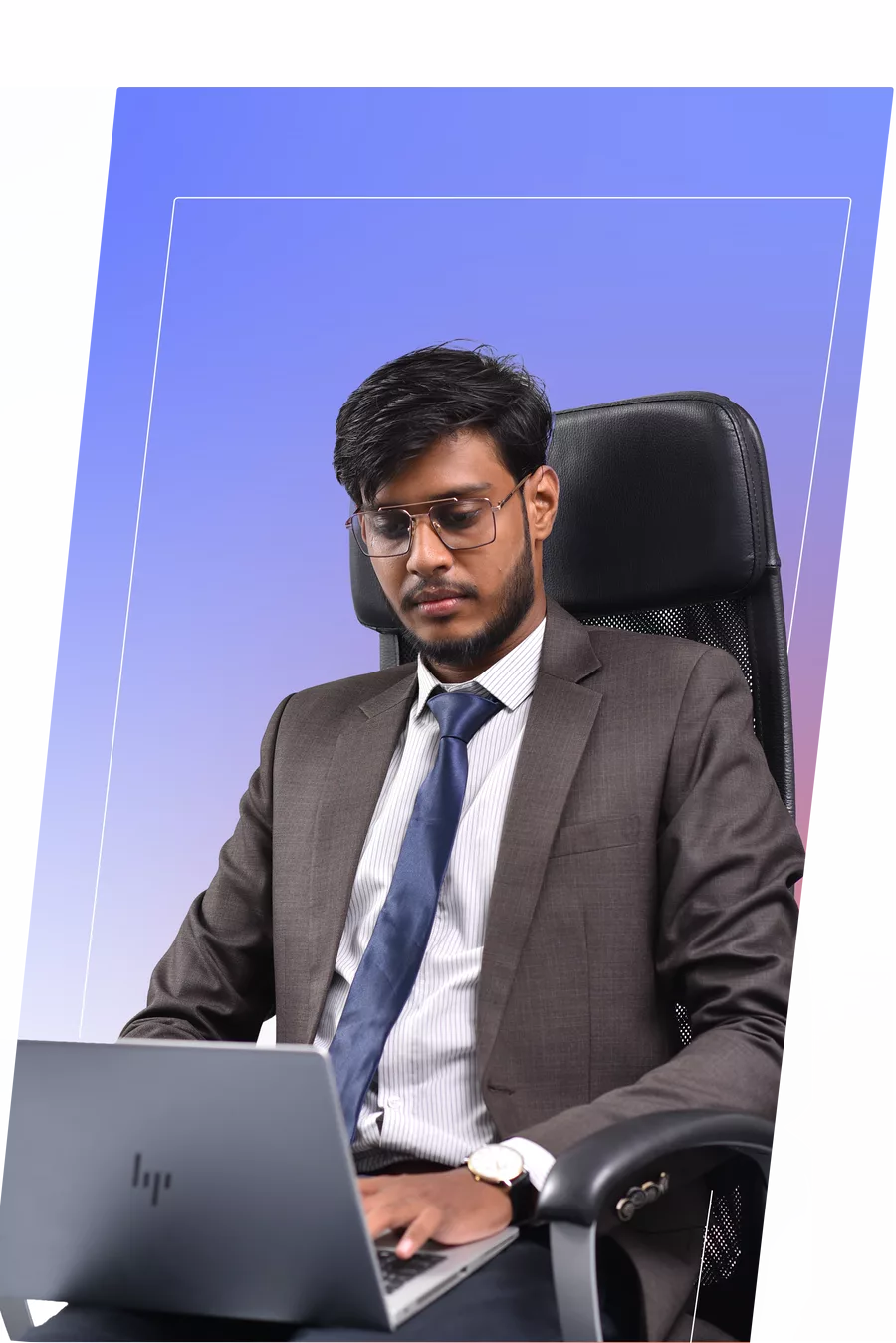 Muzammil working on a client SEO strategy at his laptop