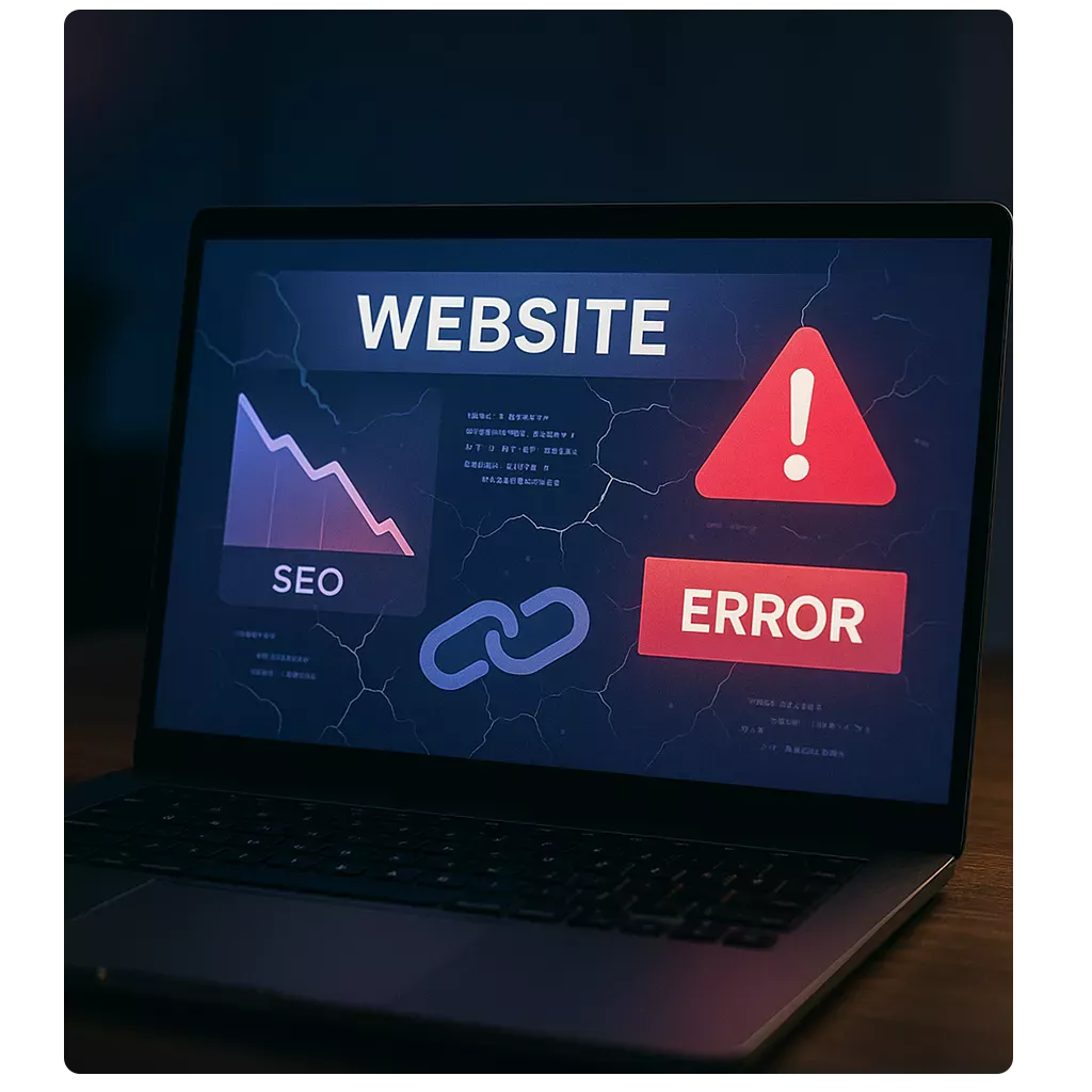 Illustration of a laptop showing a falling SEO graph and a website error warning