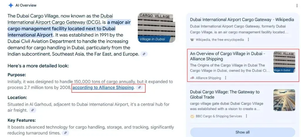 A snapshot of our client - Alliance Shipping - in Gemini Deep Search Results